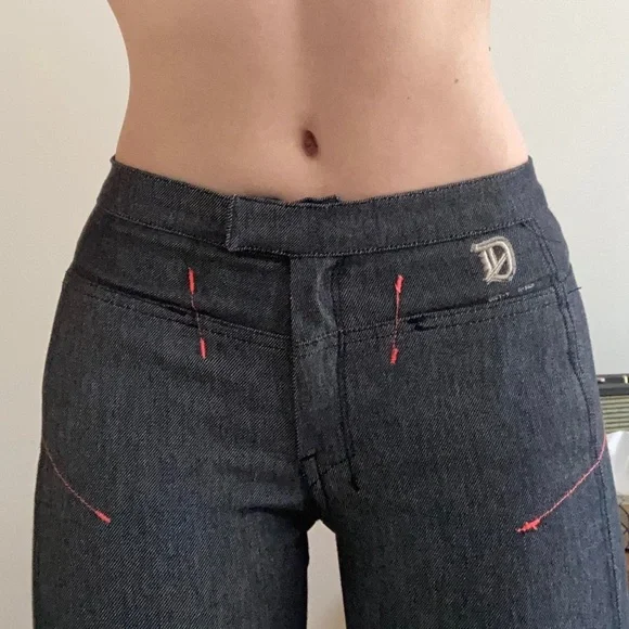 Y2K Vintage DIESEL Denim Flare Pants Side AnkleSlits Womens 28 Gray/Pink Accents - Picture 11 of 12